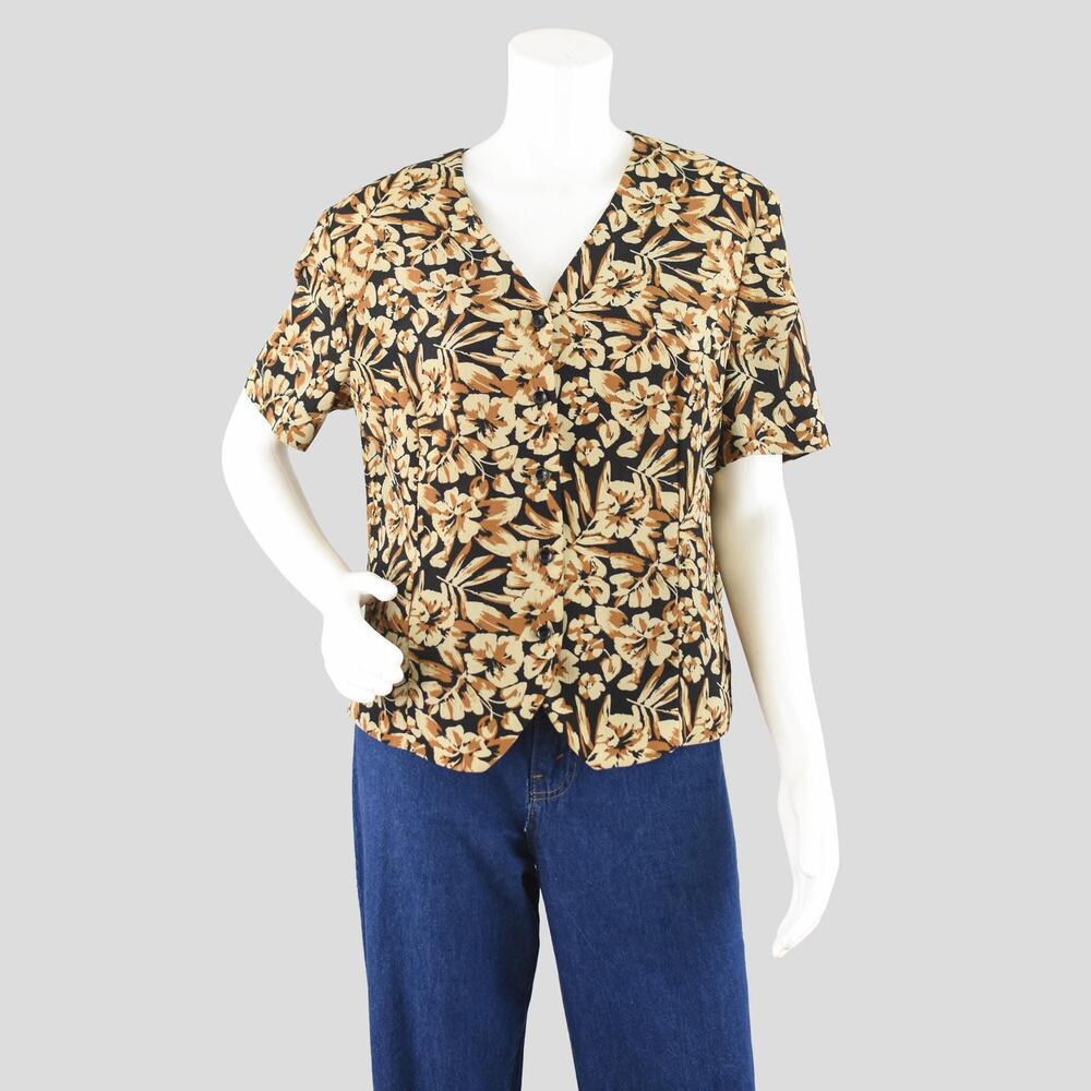 Vintage Dark Floral Short Sleeve Crinkle Blouse, Women's Small - Medium